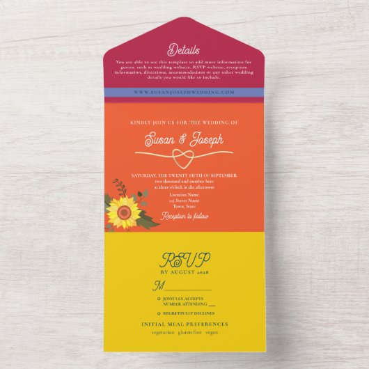 Levendige Zonnebloem bruiloft All In One Uitnodiging (Binnen)