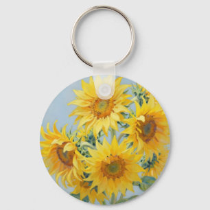 Levendige zonnebloemboeket olieverfschilderij sleutelhanger