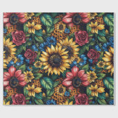 Levendige Zonnebloemen, Rozen & Leopard Print Glit Cadeaupapier (Vlak)
