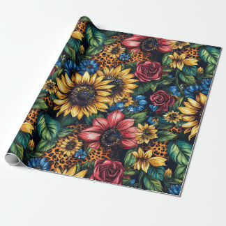 Levendige Zonnebloemen, Rozen & Leopard Print Glit Cadeaupapier