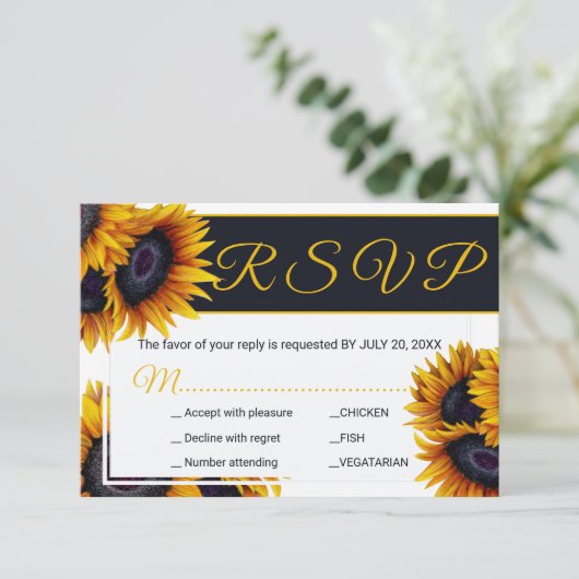 Levendige zonnebloemen | Zomer bruiloft maaltijden RSVP Kaartje (Staand voorkant)