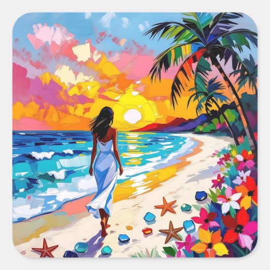 Levendige Zonsondergang Abstract Strandtafereel Vierkante Sticker (Voorkant)