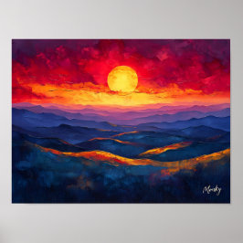 Levendige Zonsondergang Boven Bergketen – Abstract Poster