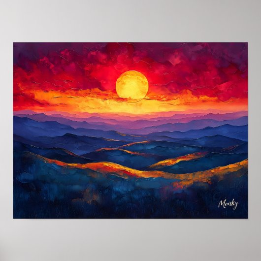 Levendige Zonsondergang Boven Bergketen – Abstract Poster (Voorkant)