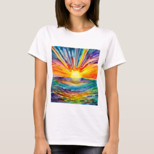 Levendige zonsondergang boven digitale kunst met w t-shirt