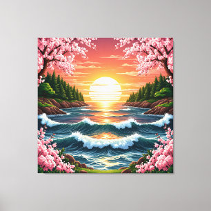 Levendige Zonsondergang Boven Oceaangolven Canvas Afdruk