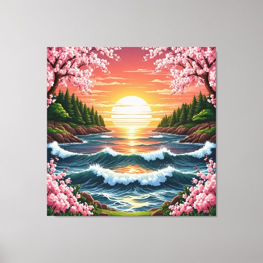 Levendige Zonsondergang Boven Oceaangolven Canvas Afdruk (Voorkant)