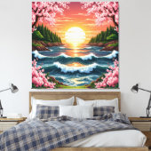 Levendige Zonsondergang Boven Oceaangolven Canvas Afdruk (Insitu (Slaapkamer))
