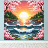 Levendige Zonsondergang Boven Oceaangolven Canvas Afdruk (Insitu (Houten vloer))