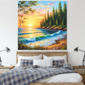 Levendige zonsondergang boven oceaangolven canvas afdruk (Insitu (Slaapkamer))