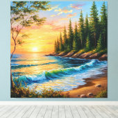 Levendige zonsondergang boven oceaangolven canvas afdruk (Insitu (Houten vloer))