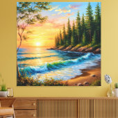 Levendige zonsondergang boven oceaangolven canvas afdruk (Insitu (Woonkamer))
