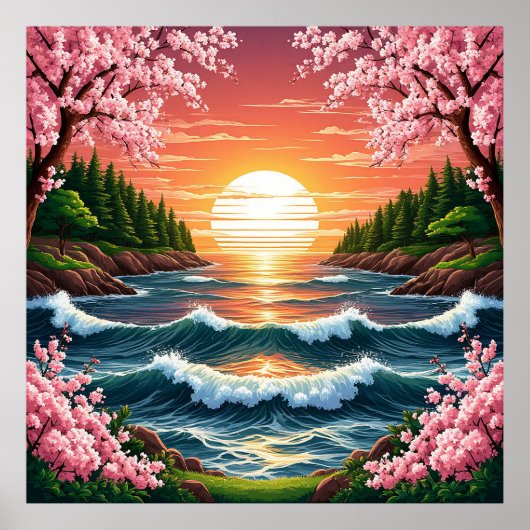 Levendige Zonsondergang Boven Oceaangolven Poster (Voorkant)