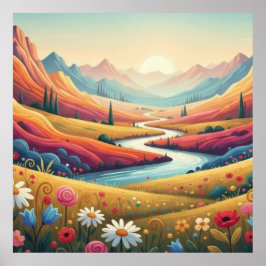 Levendige Zonsondergang Moderne Berglandschap & Bl Poster