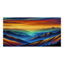 Levendige zonsondergang over kleurrijke bergketens perfect poster