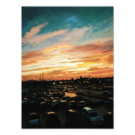 Levendige zonsondergang over stadsgezicht en parke foto afdruk