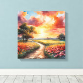 Levendige Zonsondergang Pad door een veld van bloe Canvas Afdruk (Insitu (Houten vloer))