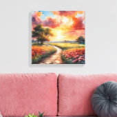 Levendige Zonsondergang Pad door een veld van bloe Canvas Afdruk (Insitu (Woonkamer))