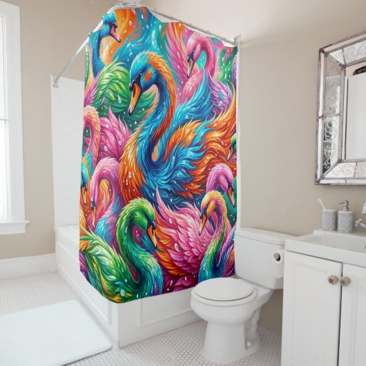Levendige Zwanendroomlandschap – Psychedelische Bo Douchegordijn (In situ)
