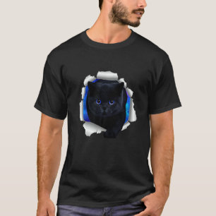 Levendige zwarte kat blauw ogen gekraakte wandkat  t-shirt