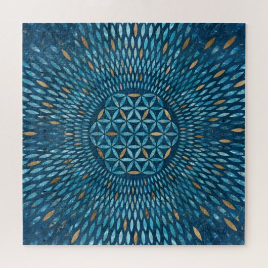 Levenflens in bladen - Blauwe marmer en goud Legpuzzel (Horizontaal)