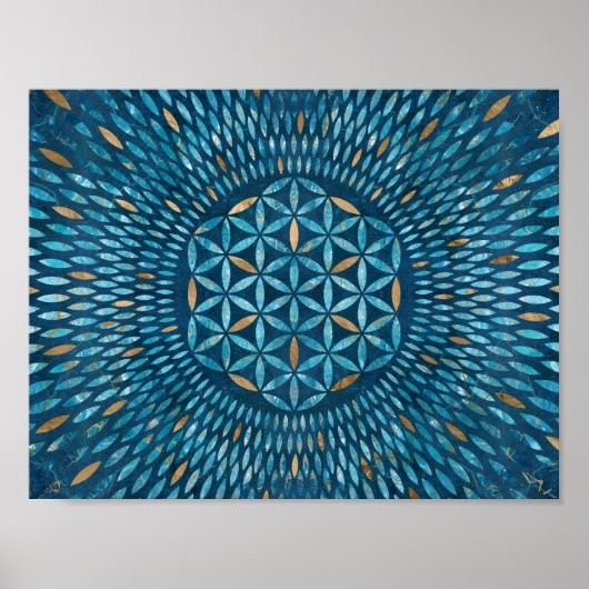 Levenflens in bladen - Blauwe marmer en goud Poster (Voorkant)