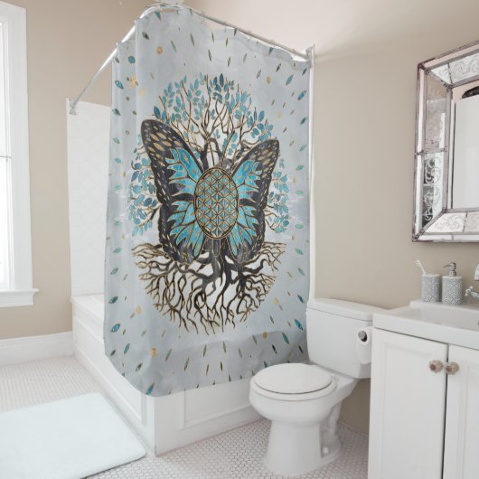 Levenflens - levensboom - vlinder douchegordijn (In situ)