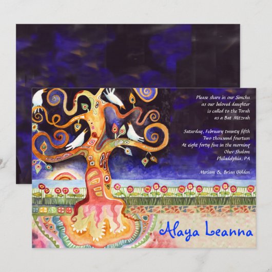 LEVENSBEHANDELING Doves Bar Bat Mitzvah Uitnodigin Kaart (Voorkant / Achterkant)