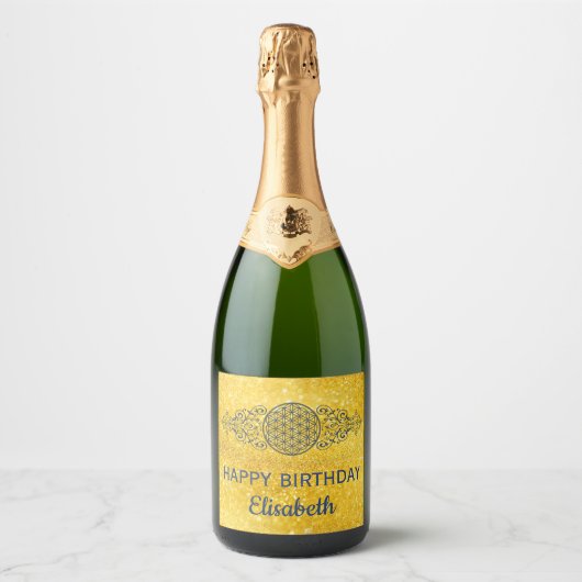 Levensbloem - siergoud sparkling wijnetiket (Voorkant)