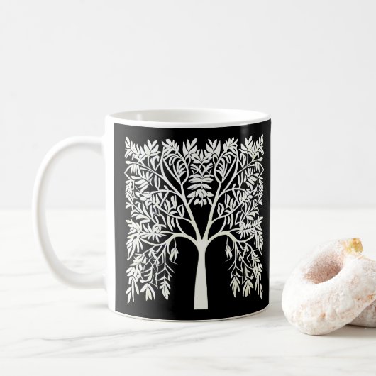 Levensboom #1 Wit op Zwart Koffiemok (Met donut)