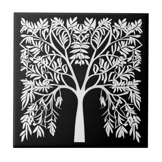 Levensboom #1 Wit op Zwart Tegeltje (Voorkant)