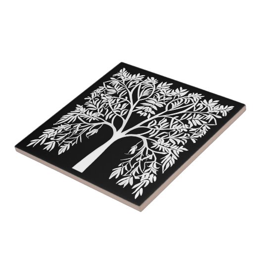 Levensboom #1 Wit op Zwart Tegeltje (Zijkant)