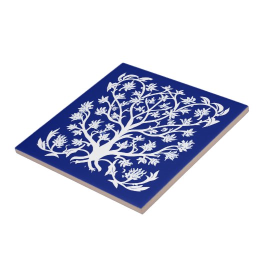 Levensboom #4 Wit en kobaltblauw Tegeltje (Zijkant)