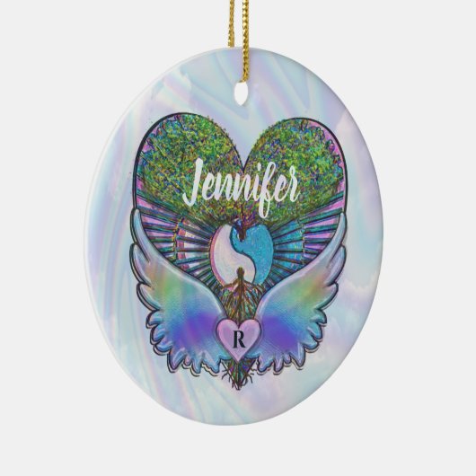 Levensboom, Angel Wings, Regenboog, Monogram Ceram Keramisch Ornament (Rechts)