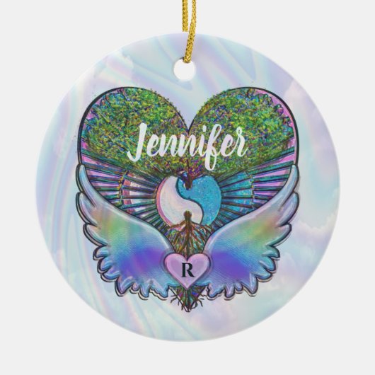 Levensboom, Angel Wings, Regenboog, Monogram Ceram Keramisch Ornament (Voorkant)