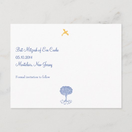  Levensboom Blauw Red de Datum Aankondigingskaart (Achterkant)