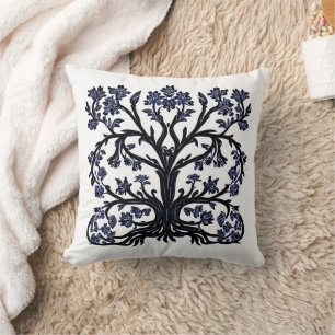 Levensboom Bloemen #2 Kobalt Blauw en Wit Kussen