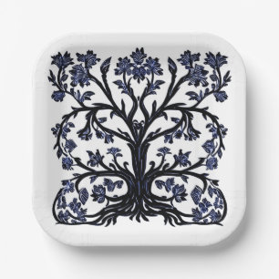 Levensboom Bloemen #2 Kobalt Blauw en Wit Papieren Bordje