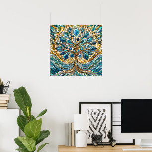 Levensboom Gebroken Glas Mozaïek Aqua Blauw  Poster