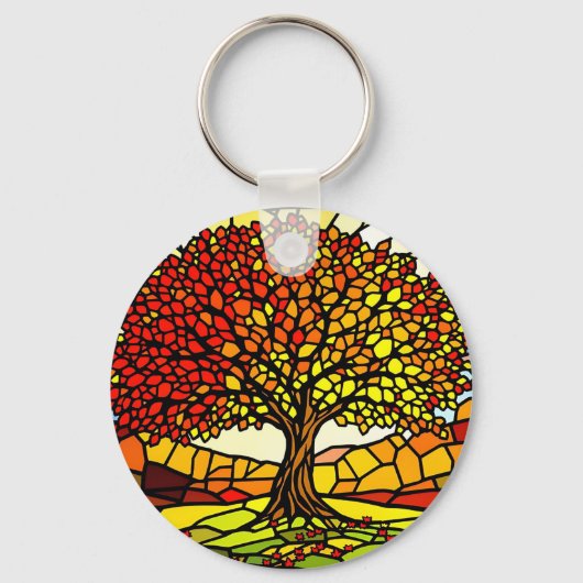Levensboom Gebroken Glas Mozaïek Herfstkleuren Sleutelhanger (Voorkant)
