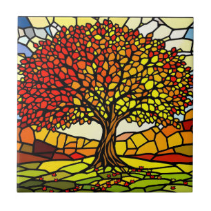 Levensboom Gebroken Glas Mozaïek Herfstkleuren  Tegeltje