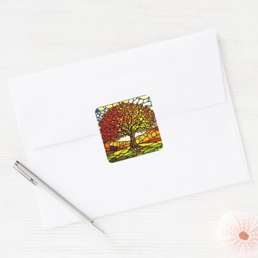 Levensboom Gebroken Glas Mozaïek Herfstkleuren Vierkante Sticker (Envelop)