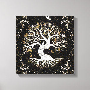Levensboom - Gegdrasil - zwart wit en goud Canvas Afdruk