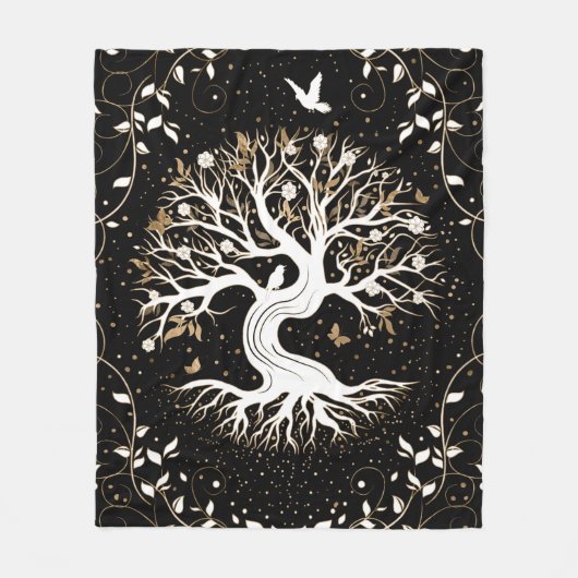 Levensboom - Gegdrasil - zwart wit en goud Fleece Deken (Voorkant)
