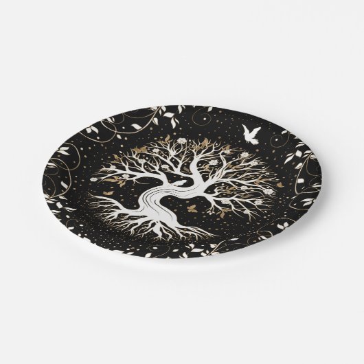 Levensboom - Gegdrasil - zwart wit en goud Papieren Bordje (Gekanteld)
