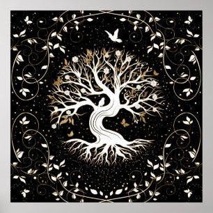 Levensboom - Gegdrasil - zwart wit en goud Poster