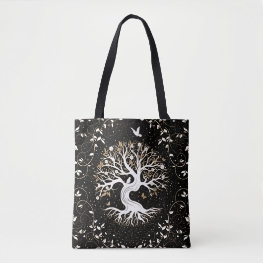 Levensboom - Gegdrasil - zwart wit en goud Tote Bag (Voorkant)