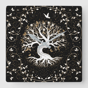 Levensboom - Gegdrasil - zwart wit en goud Vierkante Klok
