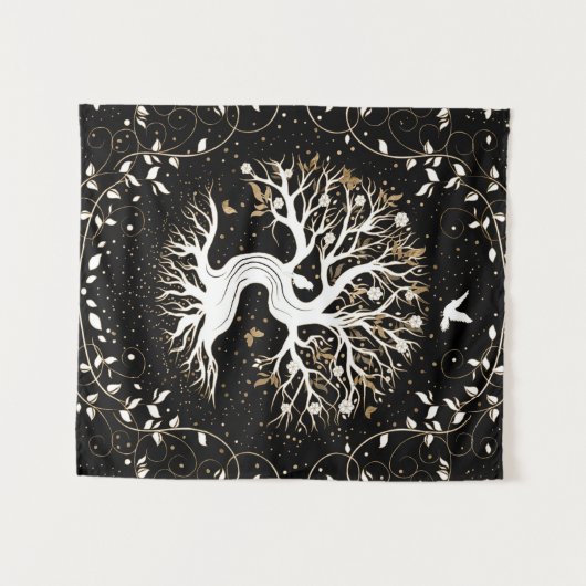 Levensboom - Gegdrasil - zwart wit en goud Wandkleed (Voorkant (horizontaal))