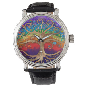 Levensboom Golden Swirl en Rainbow Horloge